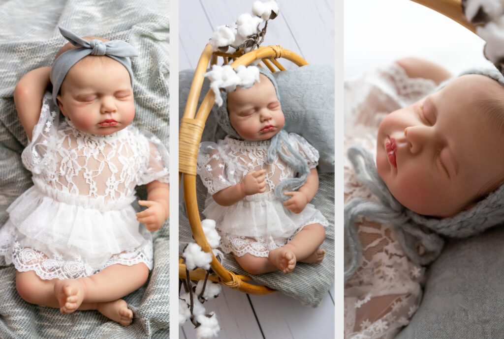 Newborn in weißem Kleidchen auf grauen Tüchern ergeben ein gelungenes Set