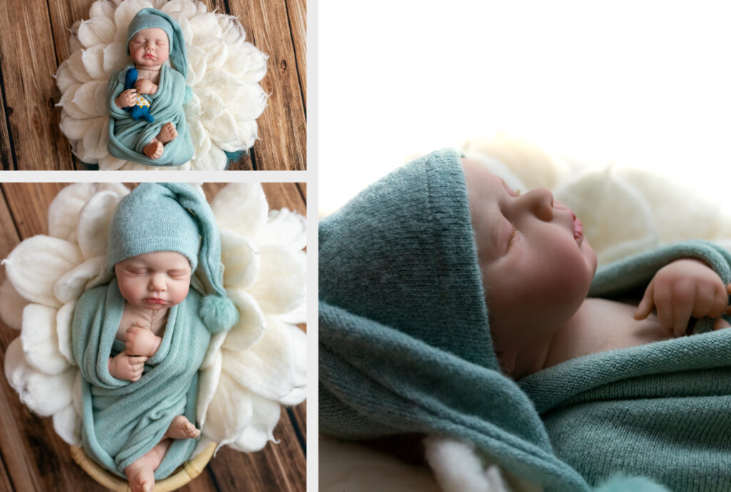 Baby ist in Türkisen Tüchern eingewickelt und liegt in einem beigen Blumenkorb.